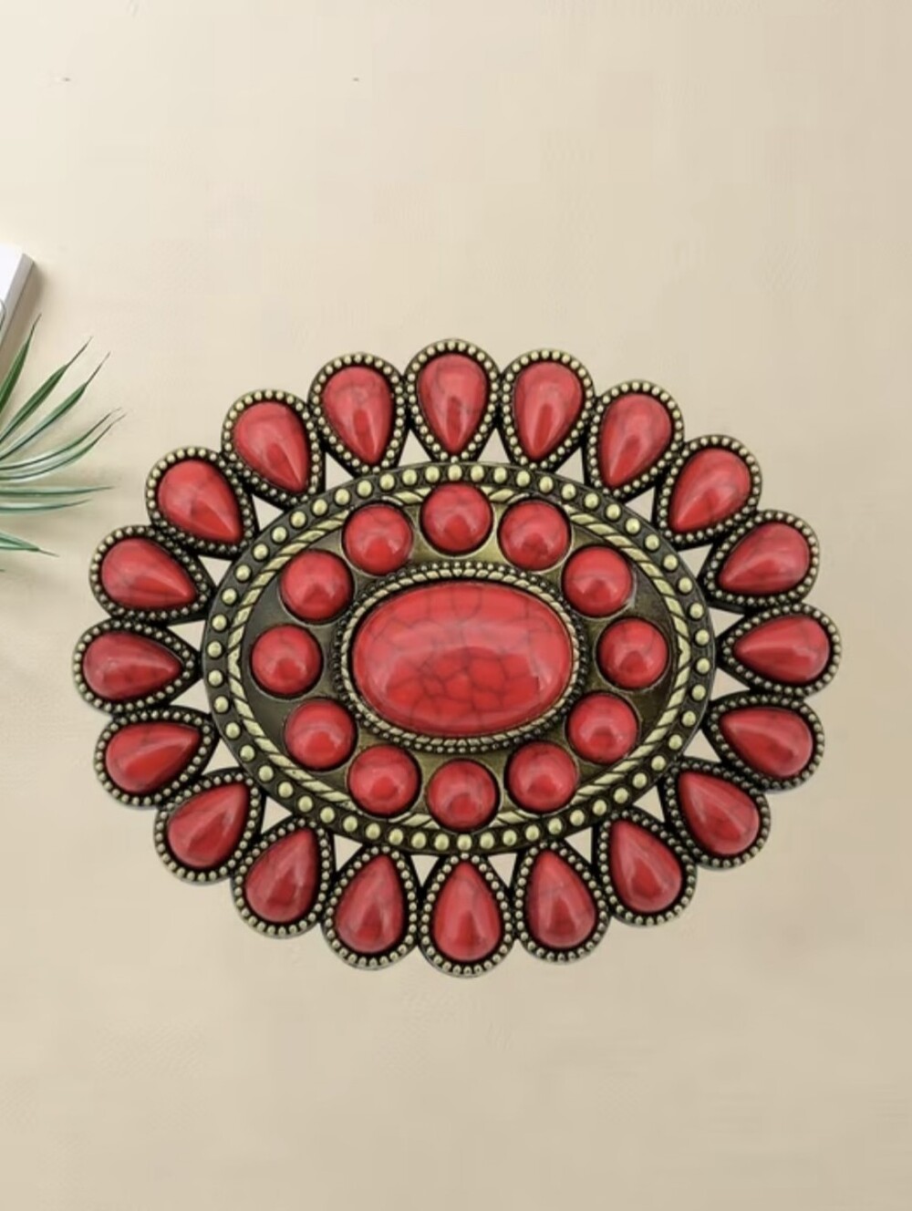 Western Cowgirl Red Faux Coral Statement Belt Buckle Boho Vintage Style TM2-B1C
